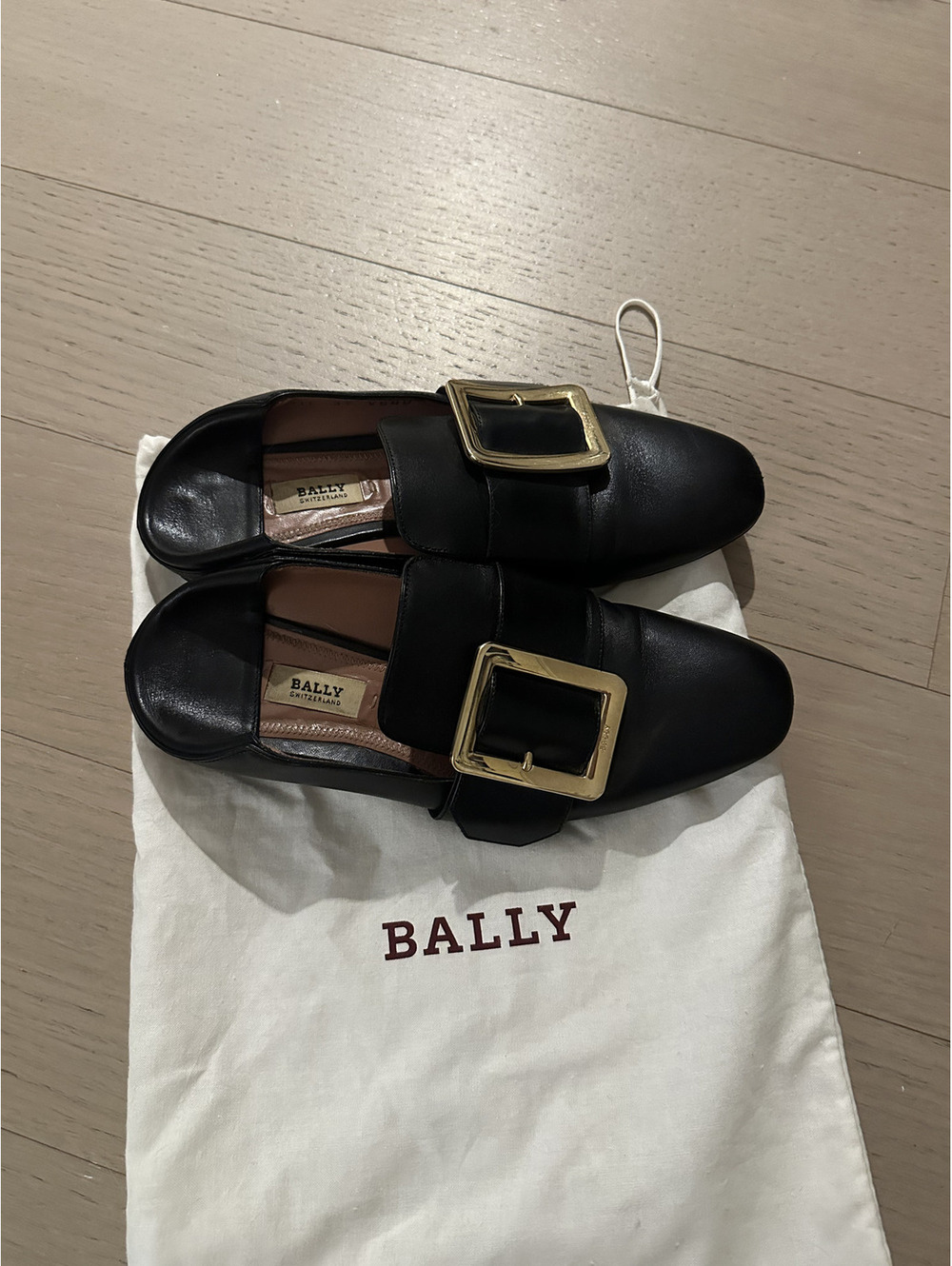Bally Black Leather Slip-On Loafers with Gold Buckle Size 5
